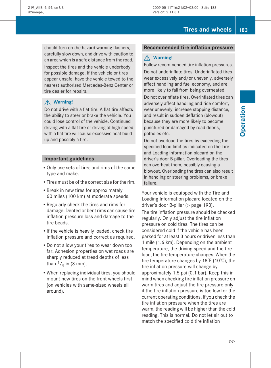 Important guidelines, Recommended tire inflation pressure, Operation | Tires and wheels | Mercedes-Benz CLS-Class 2010 Owners Manual User Manual | Page 185 / 308