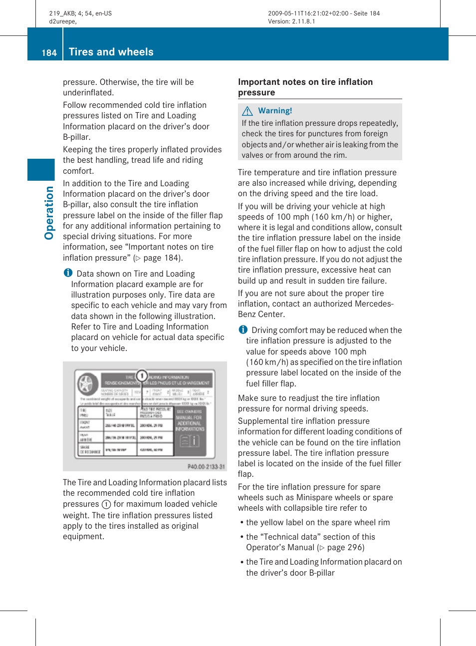 Operation, Tires and wheels | Mercedes-Benz CLS-Class 2010 Owners Manual User Manual | Page 186 / 308