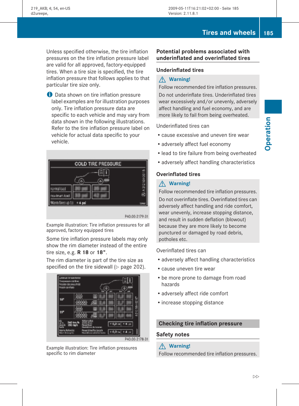 Checking tire inflation pressure, Tire inflation pressure, Operation | Tires and wheels | Mercedes-Benz CLS-Class 2010 Owners Manual User Manual | Page 187 / 308