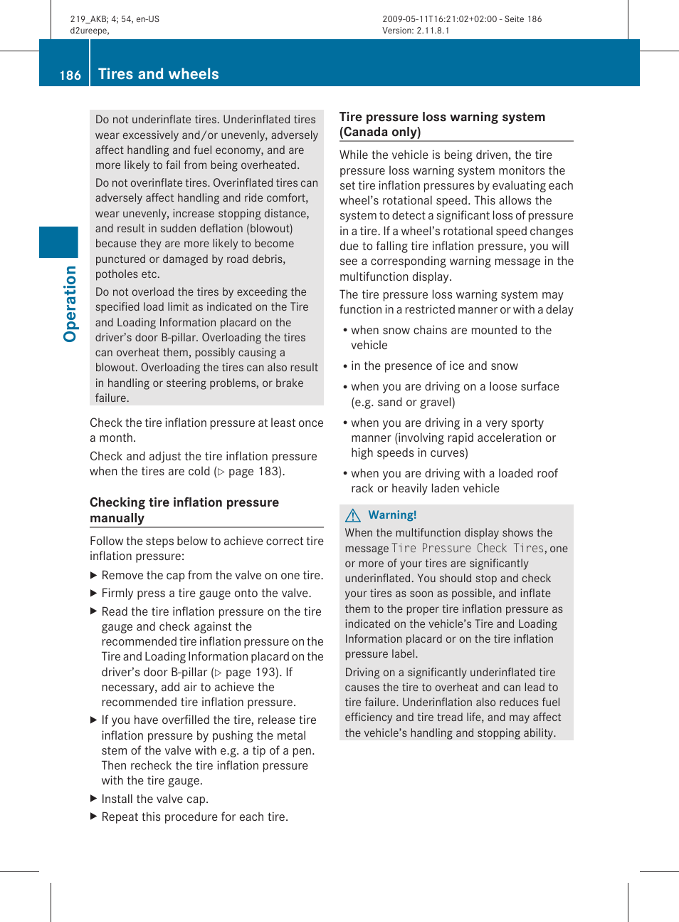 Operation, Tires and wheels | Mercedes-Benz CLS-Class 2010 Owners Manual User Manual | Page 188 / 308