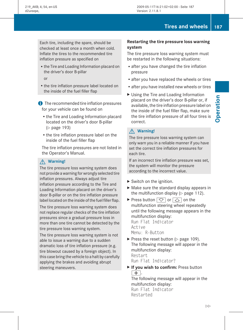 System, Operation, Tires and wheels | Mercedes-Benz CLS-Class 2010 Owners Manual User Manual | Page 189 / 308