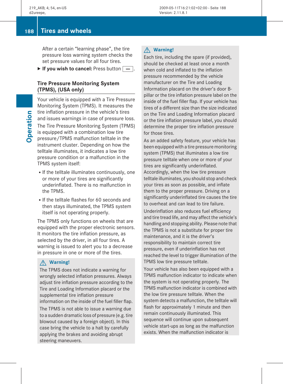 Operation, Tires and wheels | Mercedes-Benz CLS-Class 2010 Owners Manual User Manual | Page 190 / 308