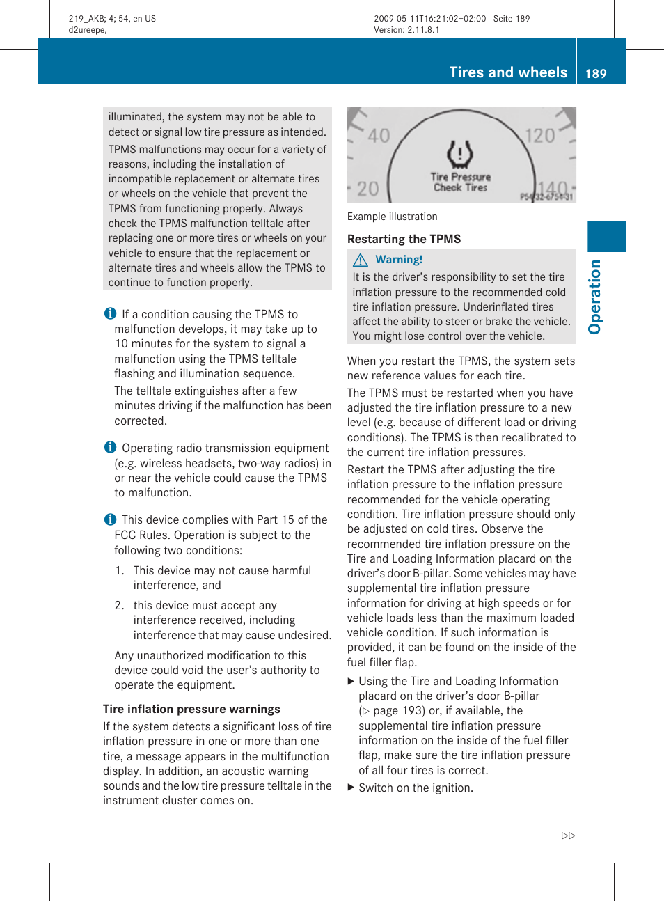 Restarting the tpms, Operation, Tires and wheels | Mercedes-Benz CLS-Class 2010 Owners Manual User Manual | Page 191 / 308