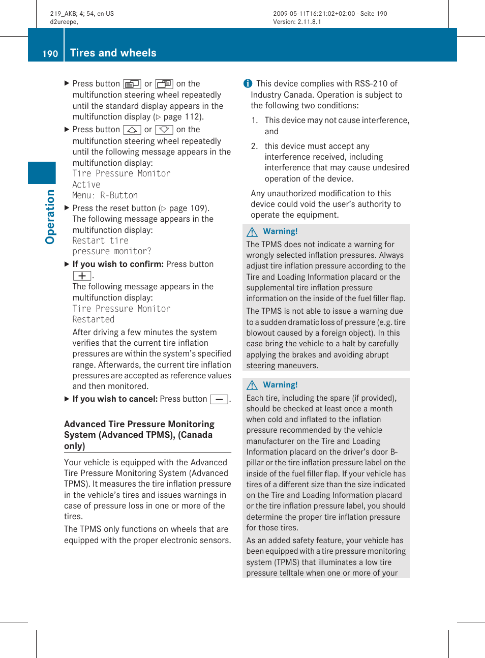 Advanced tpms, Operation, Tires and wheels | Mercedes-Benz CLS-Class 2010 Owners Manual User Manual | Page 192 / 308