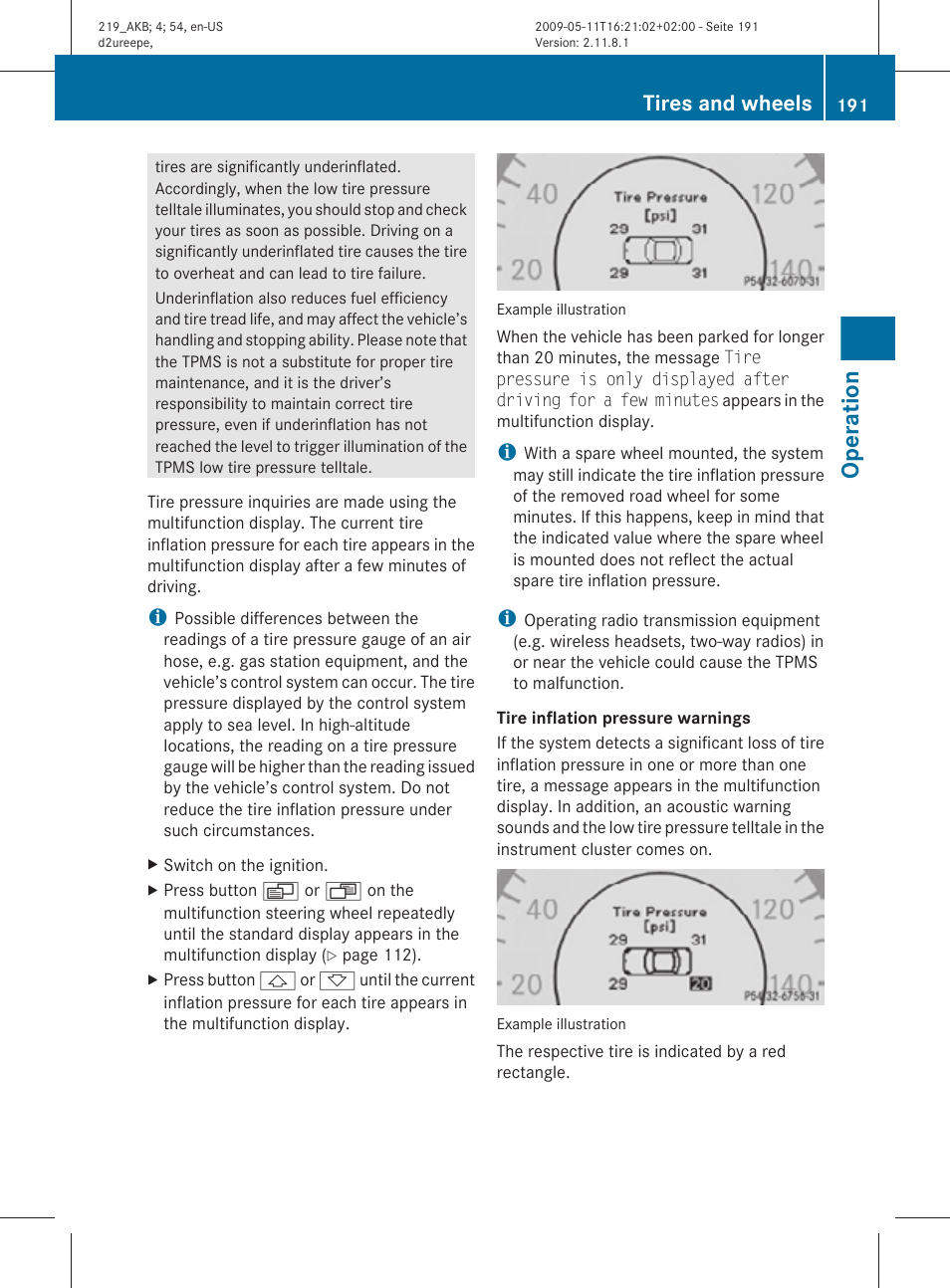 Operation, Tires and wheels | Mercedes-Benz CLS-Class 2010 Owners Manual User Manual | Page 193 / 308