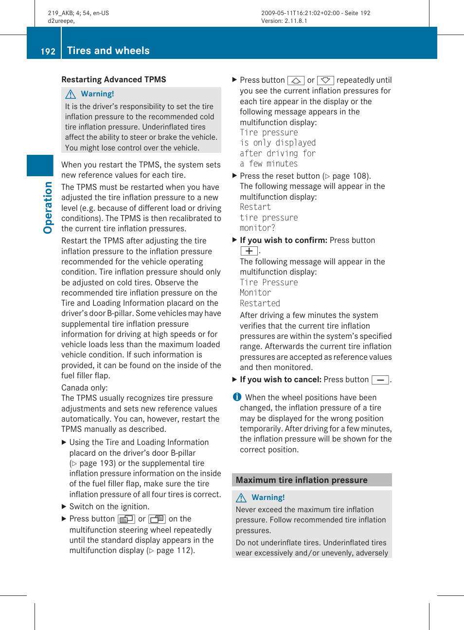 Maximum tire inflation pressure, Operation, Tires and wheels | Mercedes-Benz CLS-Class 2010 Owners Manual User Manual | Page 194 / 308