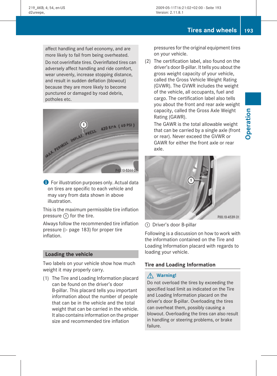 Loading the vehicle, Operation, Tires and wheels | Mercedes-Benz CLS-Class 2010 Owners Manual User Manual | Page 195 / 308