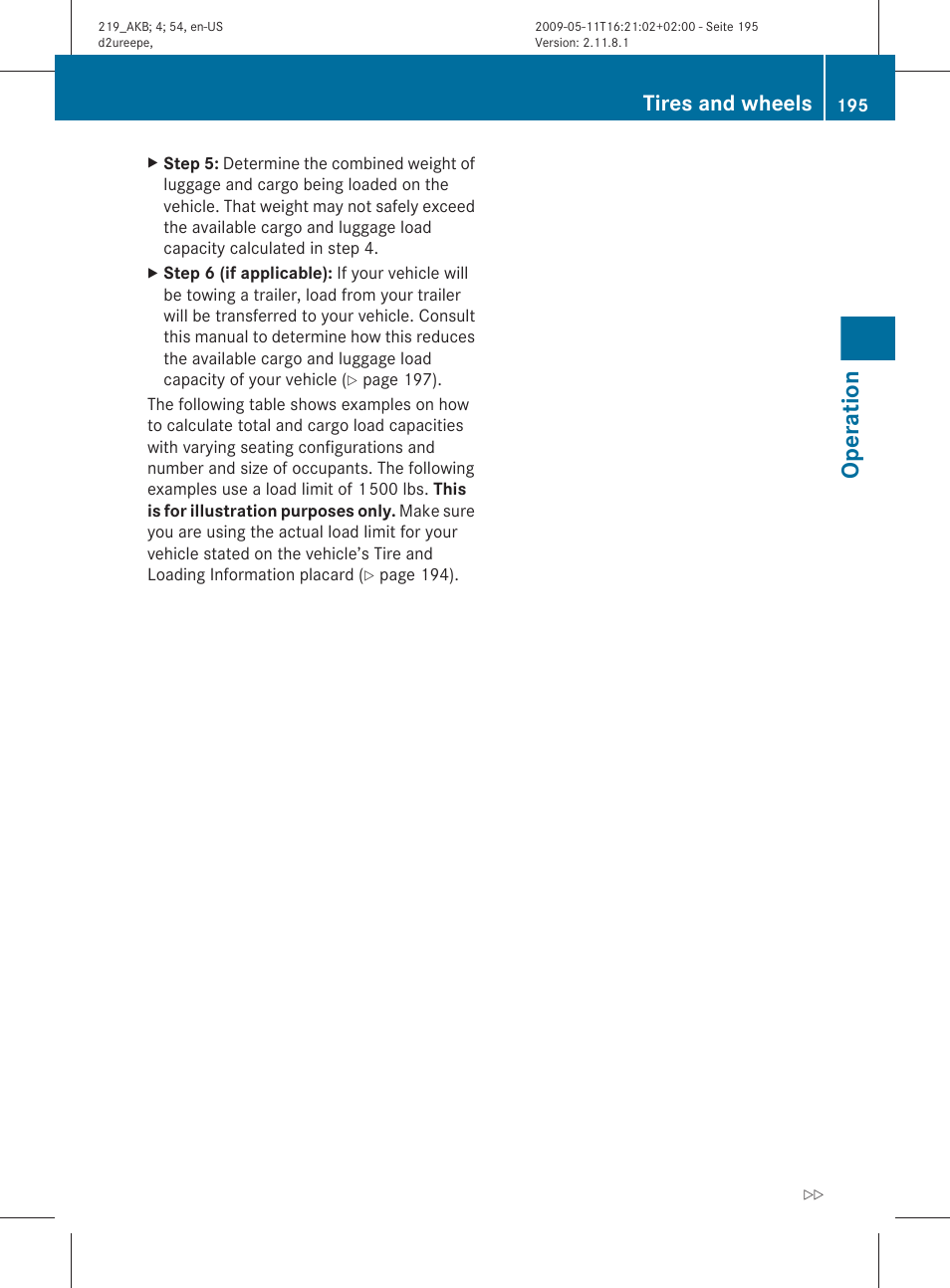 Operation, Tires and wheels | Mercedes-Benz CLS-Class 2010 Owners Manual User Manual | Page 197 / 308