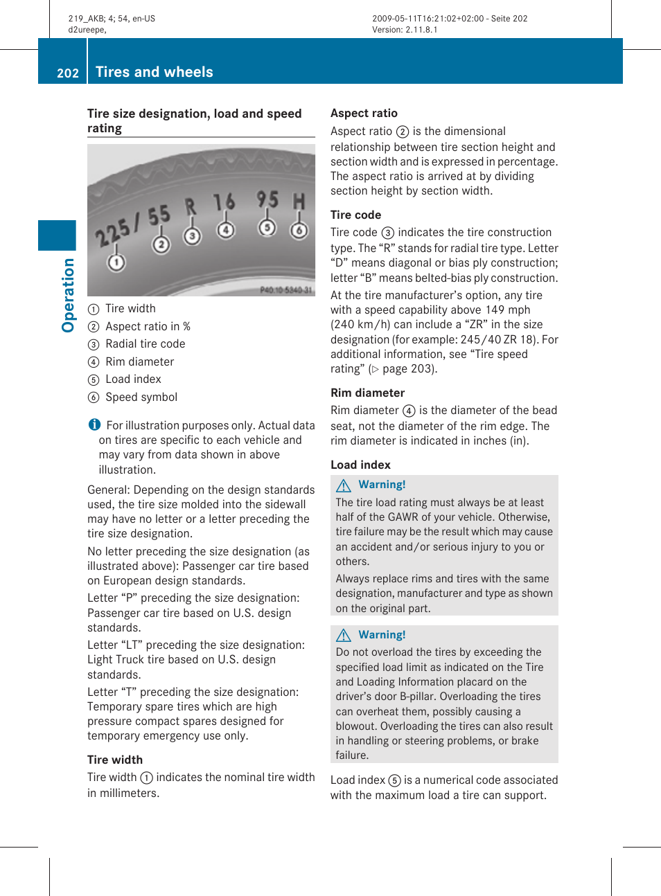 Rating, Operation, Tires and wheels | Mercedes-Benz CLS-Class 2010 Owners Manual User Manual | Page 204 / 308