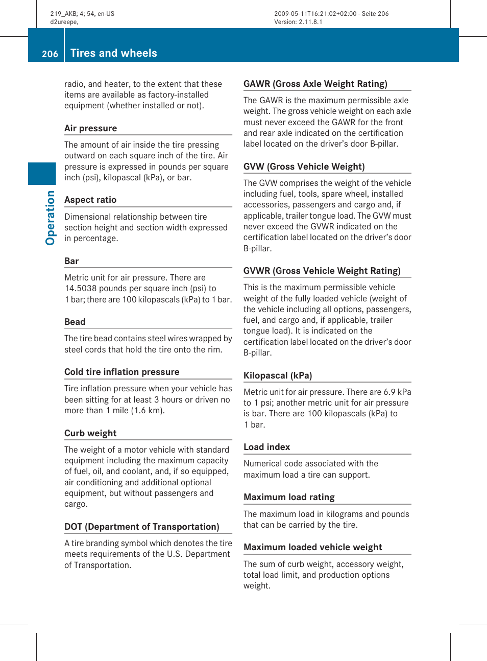 Operation, Tires and wheels | Mercedes-Benz CLS-Class 2010 Owners Manual User Manual | Page 208 / 308