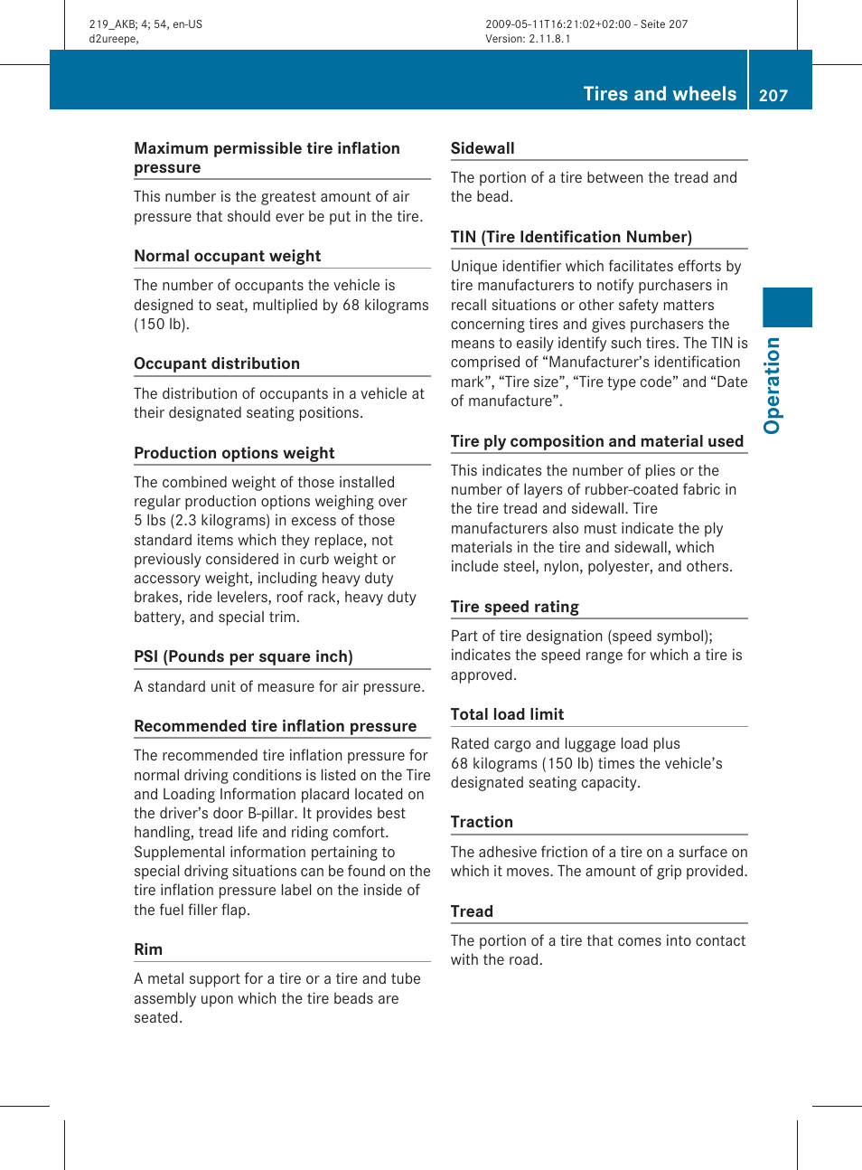 Operation, Tires and wheels | Mercedes-Benz CLS-Class 2010 Owners Manual User Manual | Page 209 / 308
