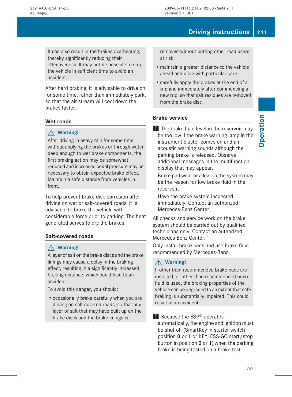 Operation, Driving instructions | Mercedes-Benz CLS-Class 2010 Owners Manual User Manual | Page 213 / 308