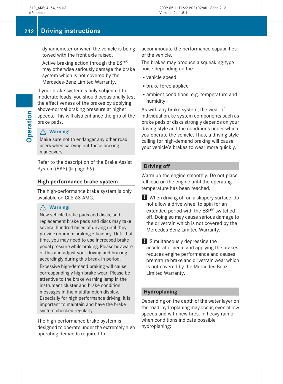 Driving off, Hydroplaning, Operation | Driving instructions | Mercedes-Benz CLS-Class 2010 Owners Manual User Manual | Page 214 / 308