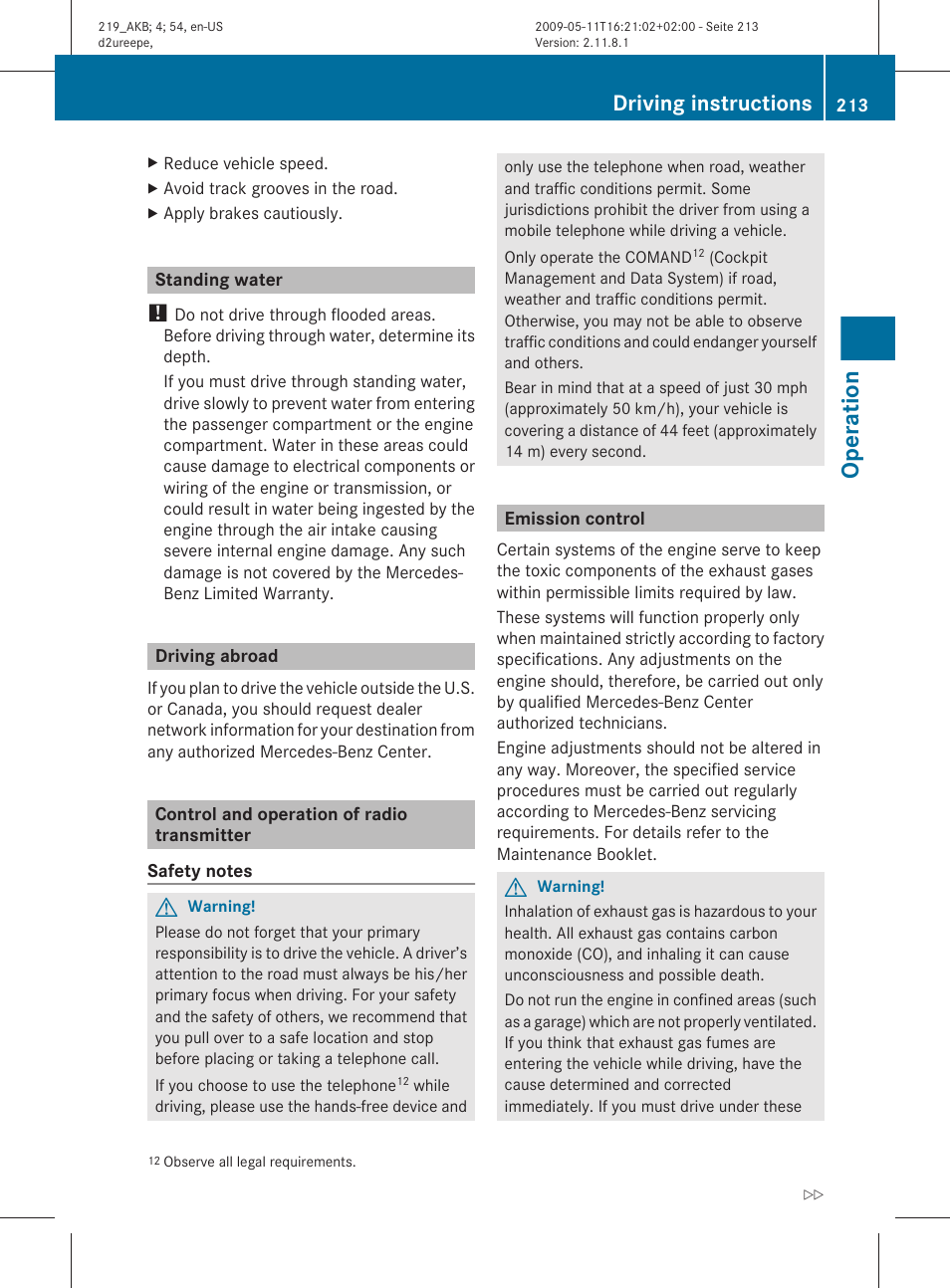 Standing water, Driving abroad, Control and operation of radio transmitter | Emission control, Operation, Driving instructions | Mercedes-Benz CLS-Class 2010 Owners Manual User Manual | Page 215 / 308