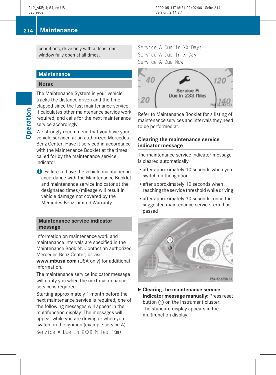 Maintenance, Notes, Maintenance service indicator message | Operation | Mercedes-Benz CLS-Class 2010 Owners Manual User Manual | Page 216 / 308
