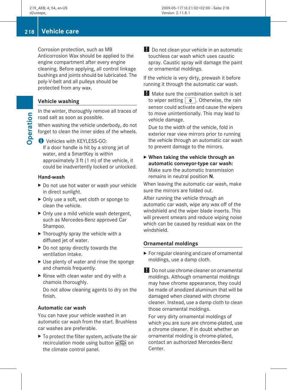 Operation, Vehicle care | Mercedes-Benz CLS-Class 2010 Owners Manual User Manual | Page 220 / 308