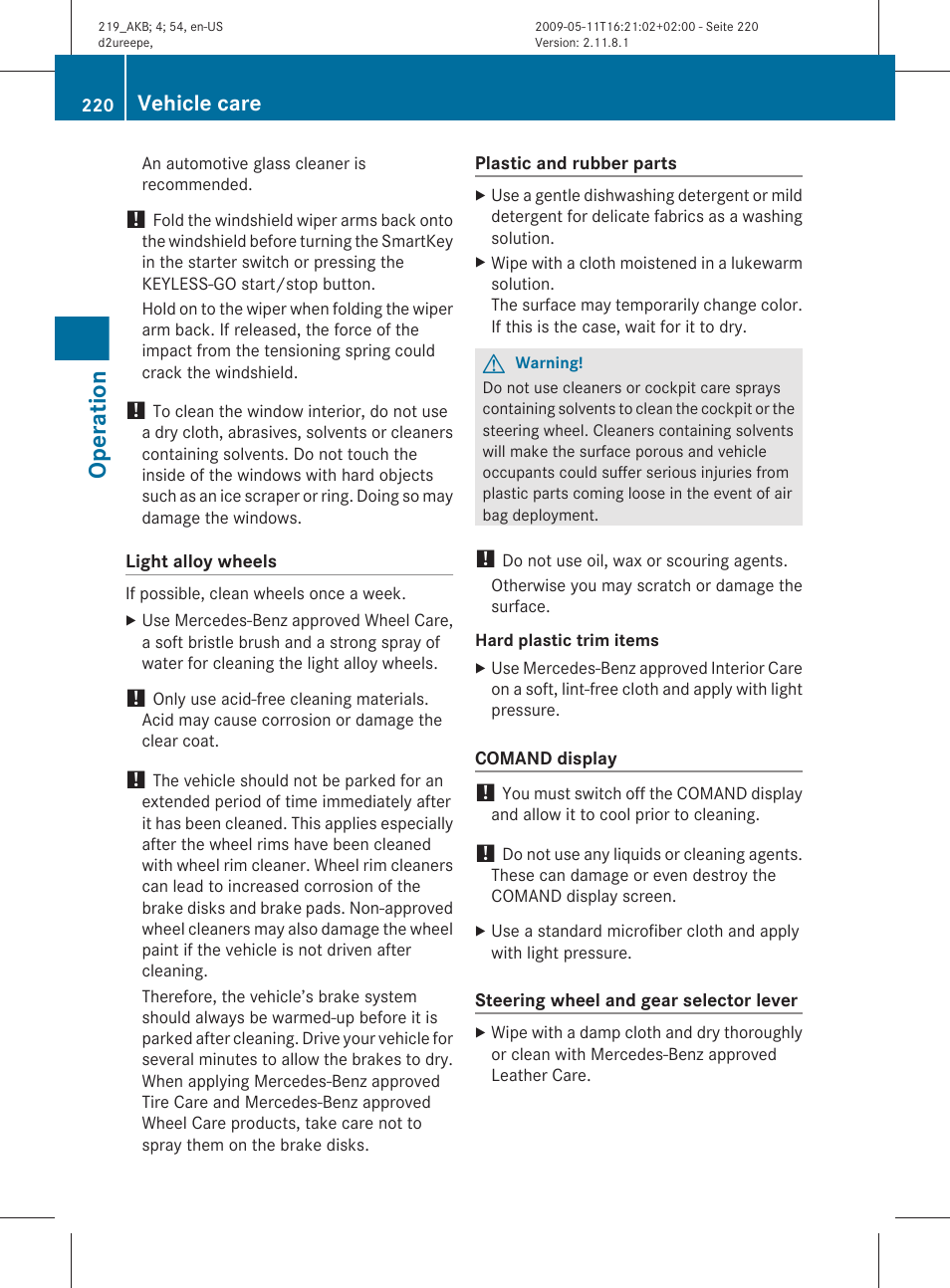 Operation, Vehicle care | Mercedes-Benz CLS-Class 2010 Owners Manual User Manual | Page 222 / 308
