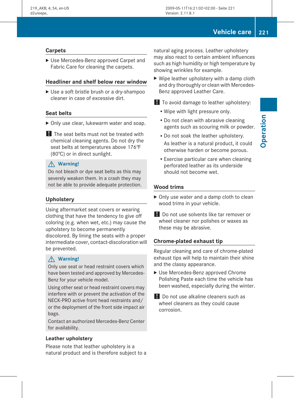 Operation, Vehicle care | Mercedes-Benz CLS-Class 2010 Owners Manual User Manual | Page 223 / 308
