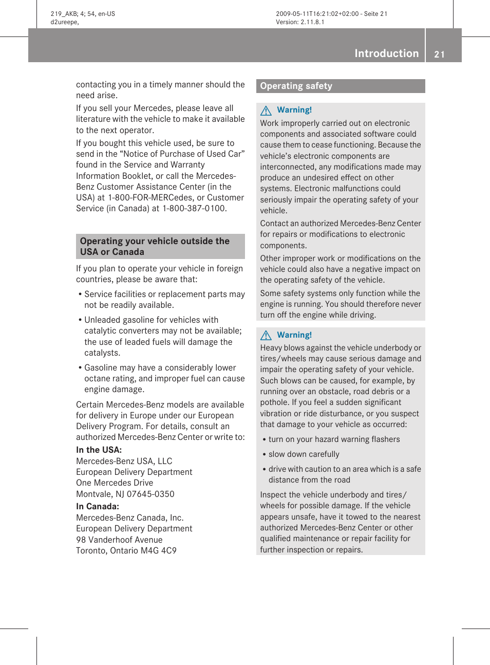 Operating your vehicle outside the usa or canada, Operating safety, Introduction | Mercedes-Benz CLS-Class 2010 Owners Manual User Manual | Page 23 / 308