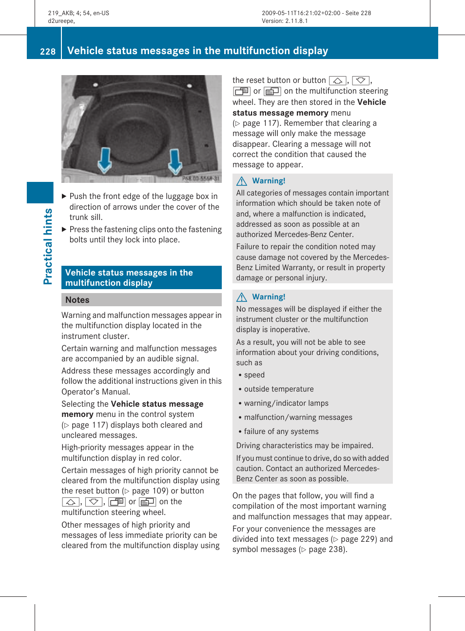 Notes, Multifunction display, Practical hints | Mercedes-Benz CLS-Class 2010 Owners Manual User Manual | Page 230 / 308