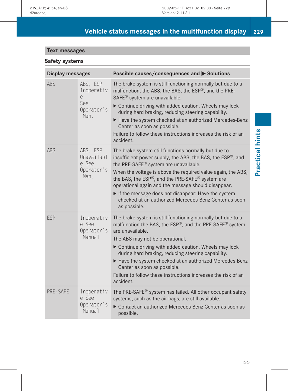 Text messages, Divided into text messages, Practical hints | Mercedes-Benz CLS-Class 2010 Owners Manual User Manual | Page 231 / 308
