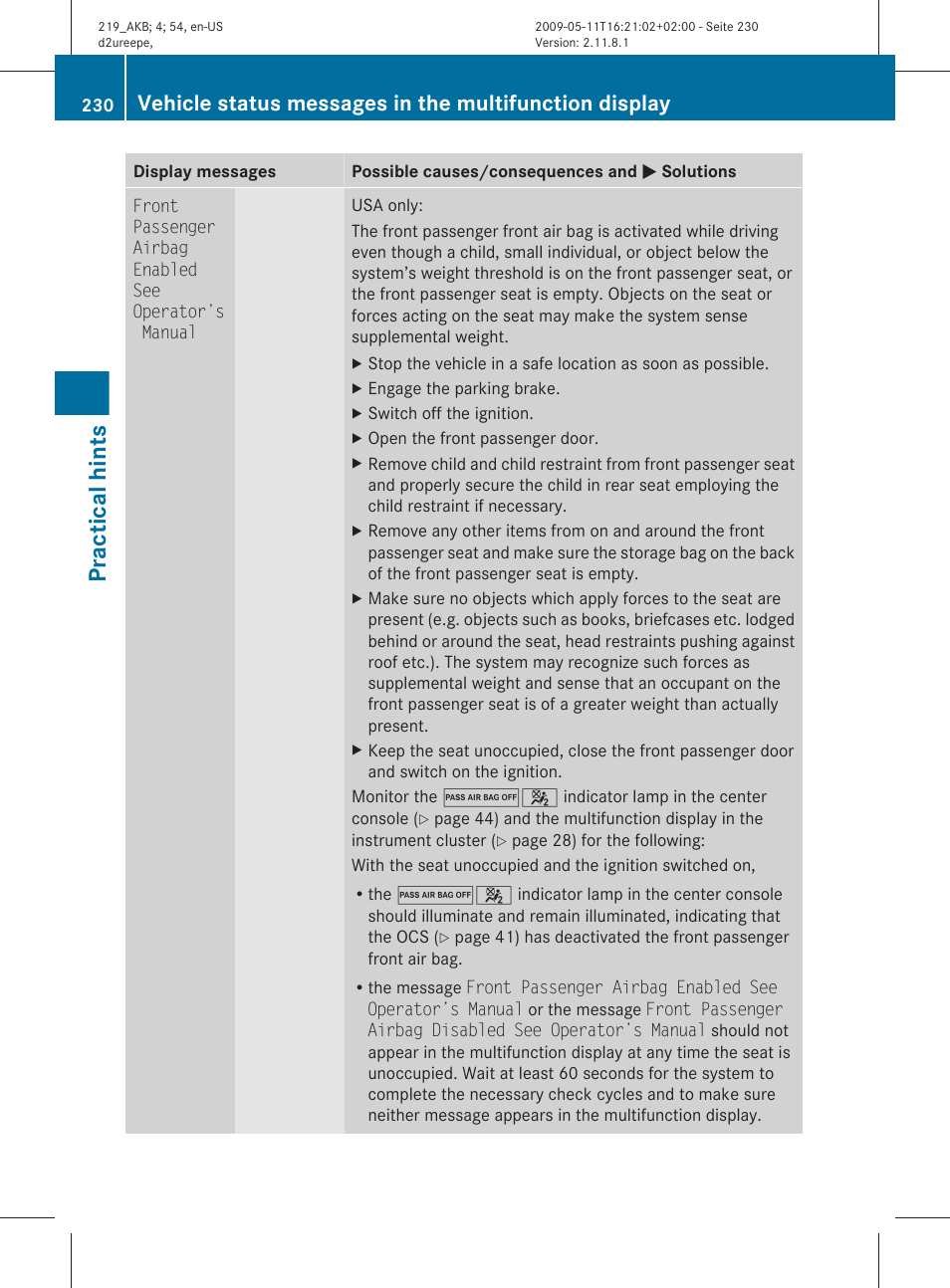 Practical hints | Mercedes-Benz CLS-Class 2010 Owners Manual User Manual | Page 232 / 308