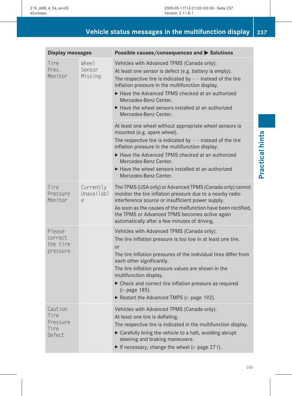 Practical hints | Mercedes-Benz CLS-Class 2010 Owners Manual User Manual | Page 239 / 308