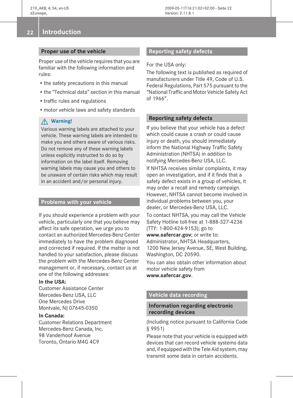 Proper use of the vehicle, Problems with your vehicle, Reporting safety defects | Vehicle data recording, Information regarding electronic recording devices, Introduction | Mercedes-Benz CLS-Class 2010 Owners Manual User Manual | Page 24 / 308