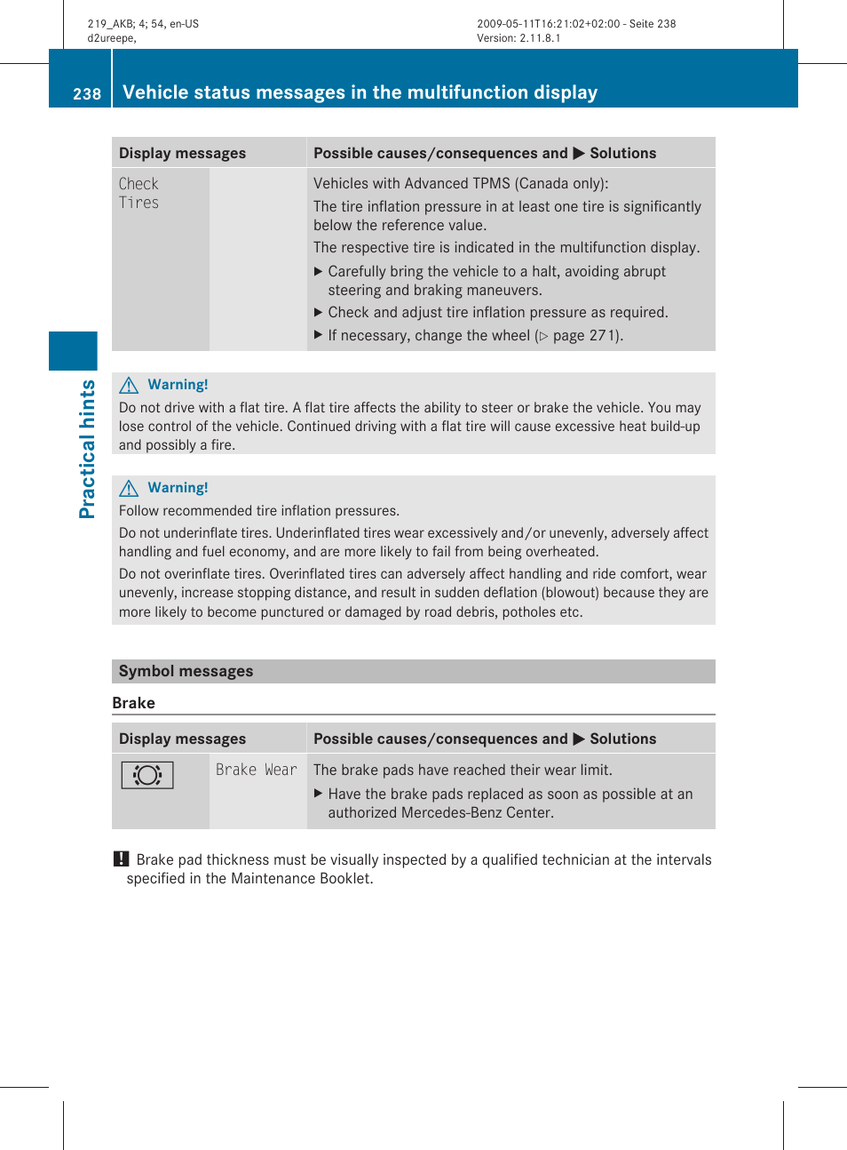 Symbol messages, Practical hints | Mercedes-Benz CLS-Class 2010 Owners Manual User Manual | Page 240 / 308