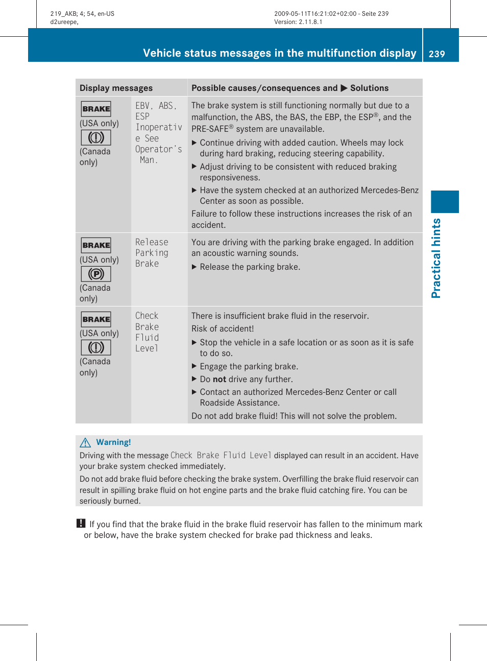 Practical hints | Mercedes-Benz CLS-Class 2010 Owners Manual User Manual | Page 241 / 308