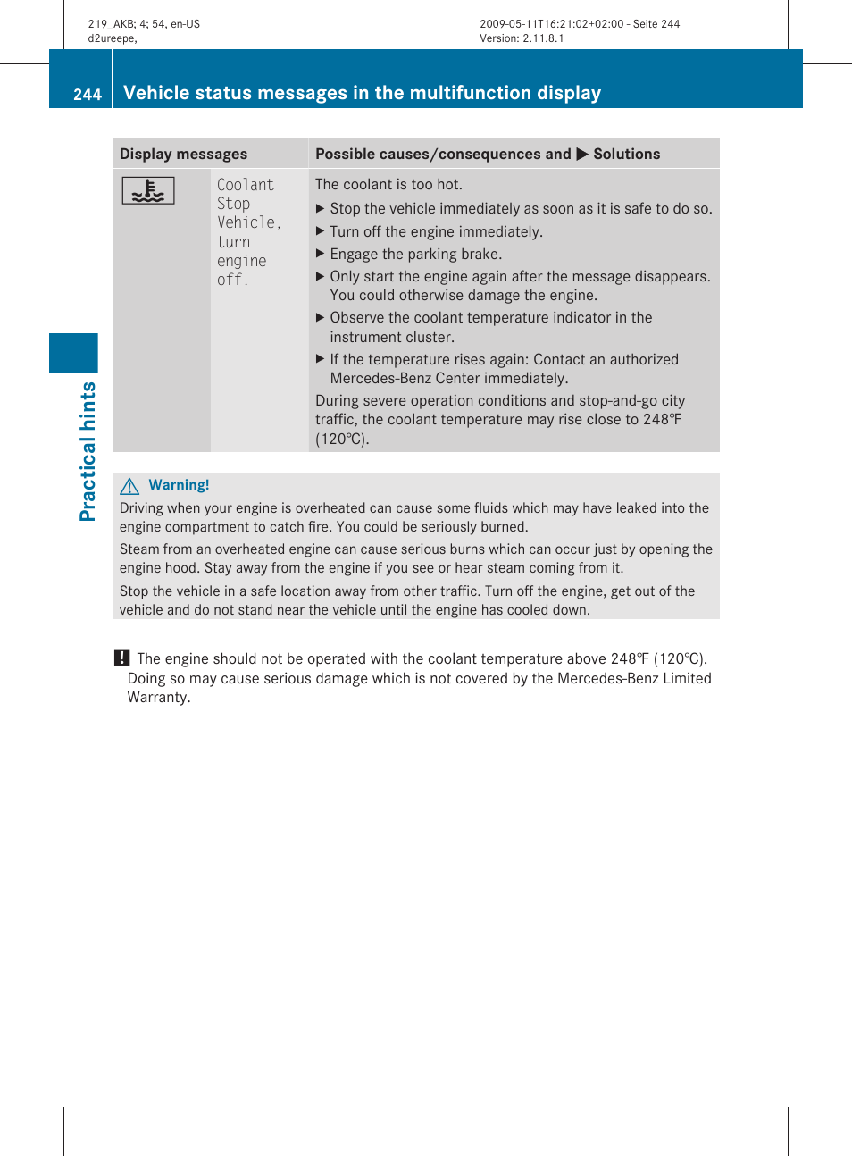 Practical hints | Mercedes-Benz CLS-Class 2010 Owners Manual User Manual | Page 246 / 308
