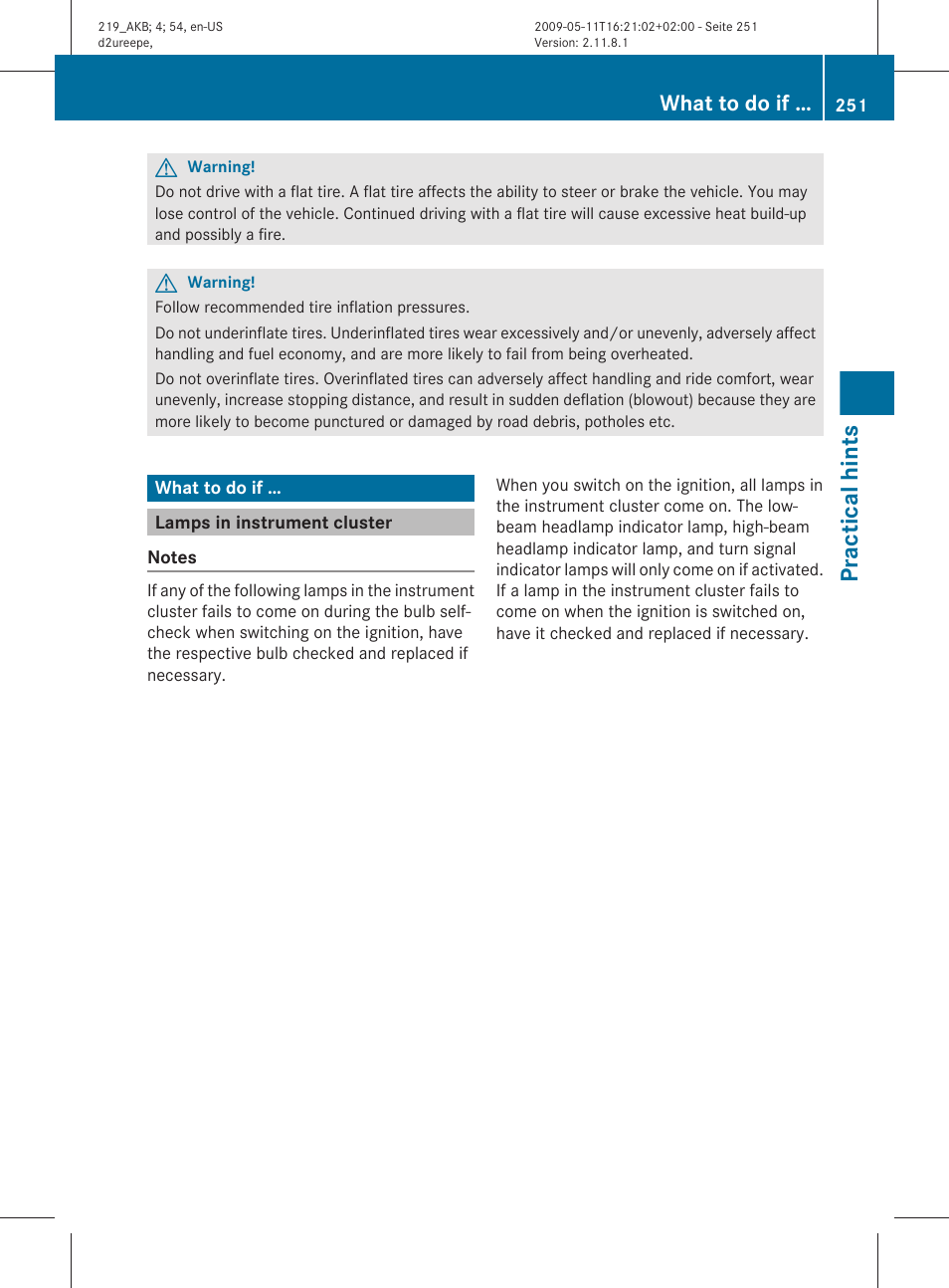What to do if, Lamps in instrument cluster, Practical hints | Mercedes-Benz CLS-Class 2010 Owners Manual User Manual | Page 253 / 308
