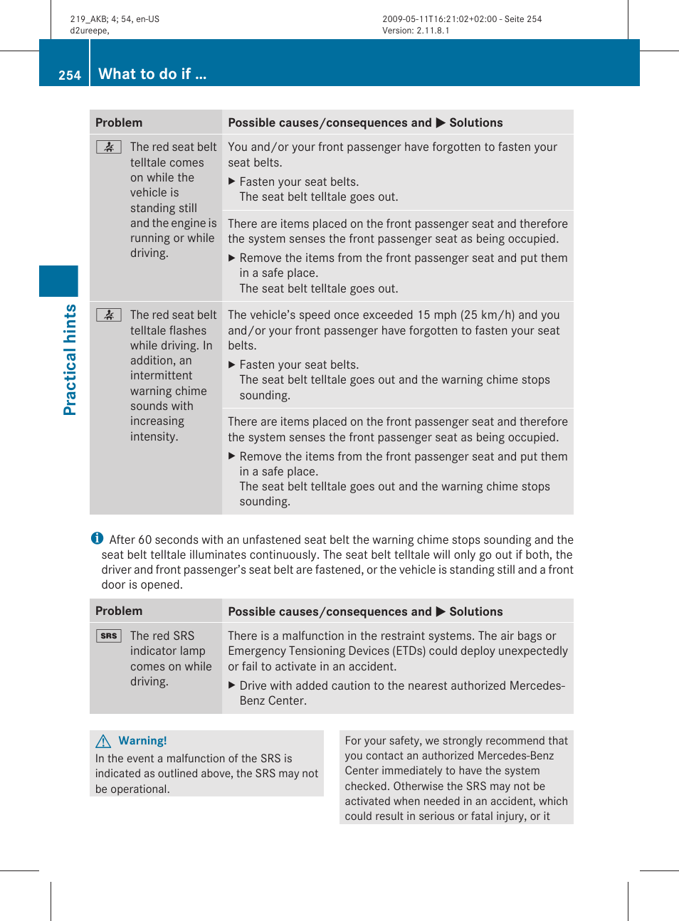 Practical hints, What to do if | Mercedes-Benz CLS-Class 2010 Owners Manual User Manual | Page 256 / 308