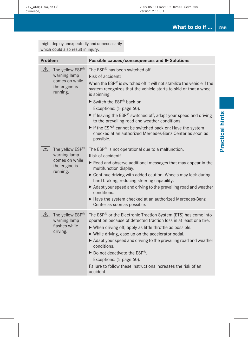 Practical hints, What to do if | Mercedes-Benz CLS-Class 2010 Owners Manual User Manual | Page 257 / 308