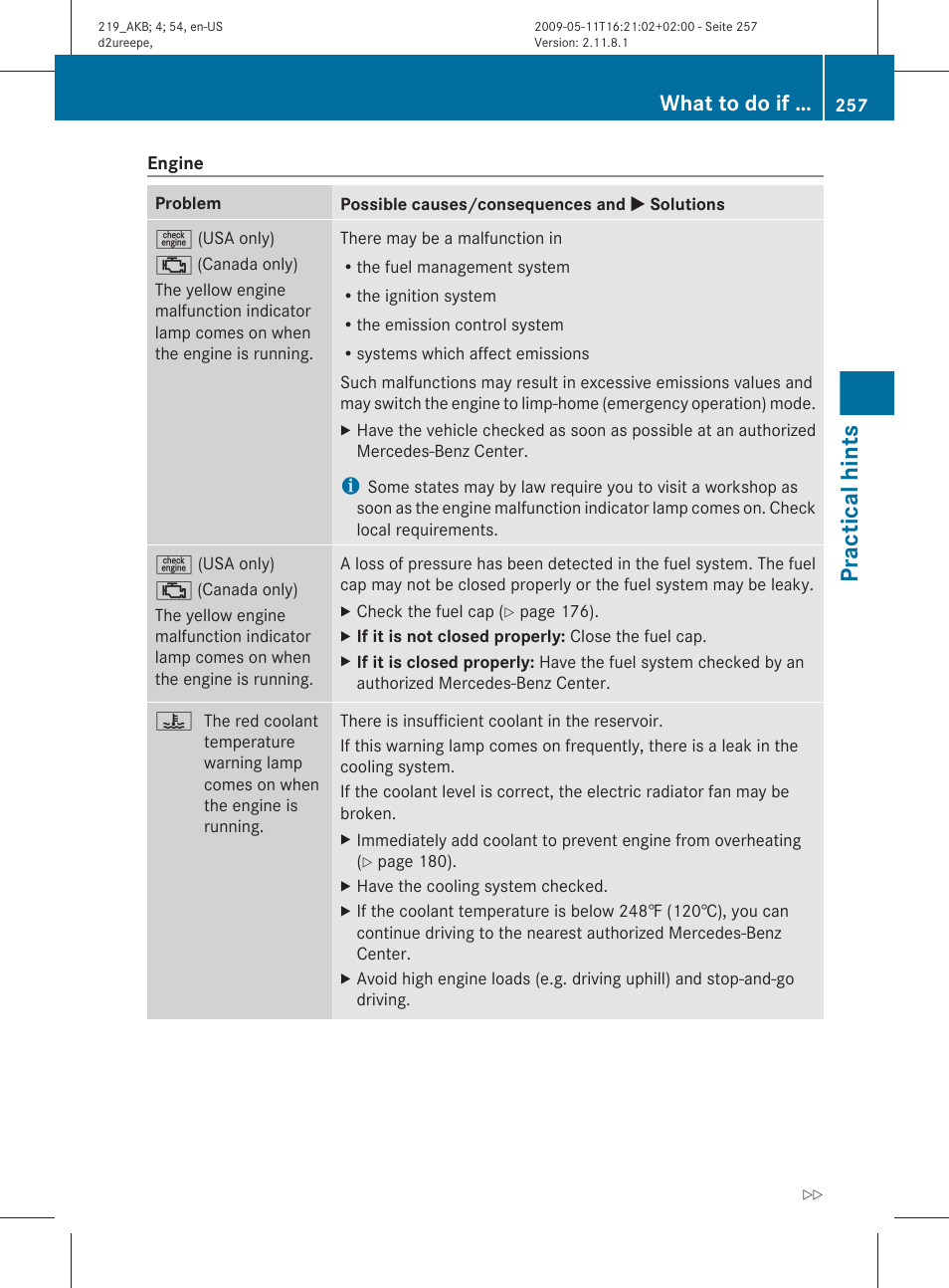 Hints, Practical hints, What to do if | Mercedes-Benz CLS-Class 2010 Owners Manual User Manual | Page 259 / 308