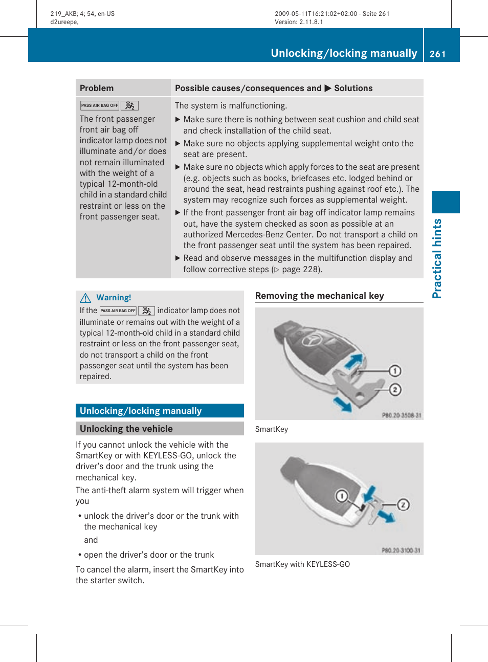Unlocking/locking manually, Unlocking the vehicle, Driver’s door and the trunk | Smartkey, Practical hints | Mercedes-Benz CLS-Class 2010 Owners Manual User Manual | Page 263 / 308