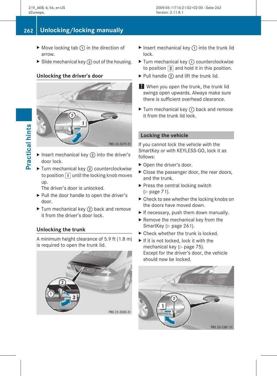 Locking the vehicle, Practical hints, Unlocking/locking manually | Mercedes-Benz CLS-Class 2010 Owners Manual User Manual | Page 264 / 308