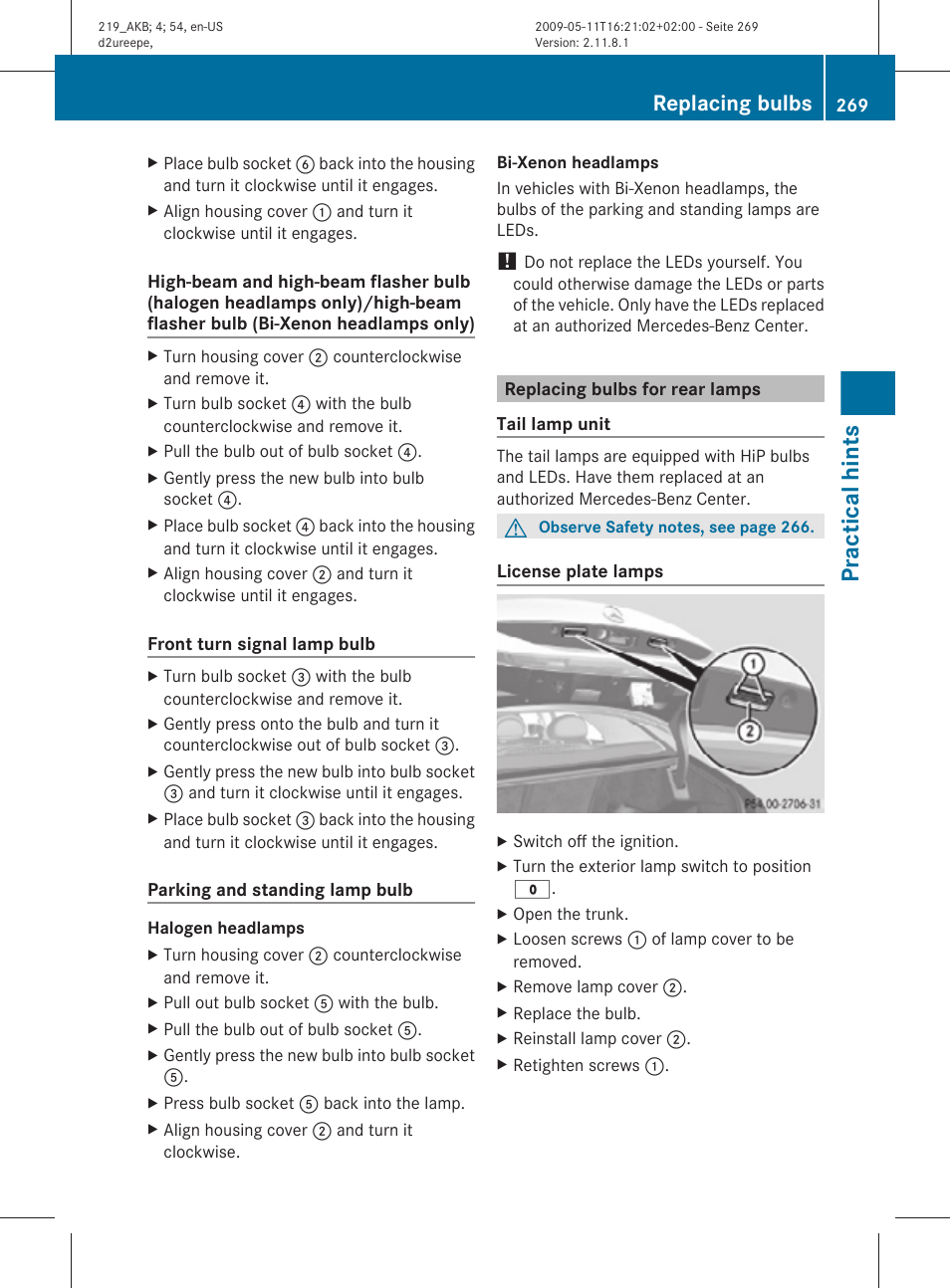 Replacing bulbs for rear lamps, Practical hints, Replacing bulbs | Mercedes-Benz CLS-Class 2010 Owners Manual User Manual | Page 271 / 308