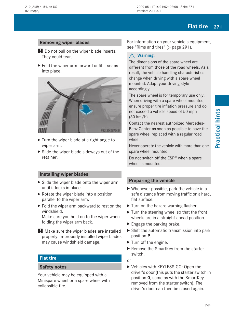 Removing wiper blades, Installing wiper blades, Flat tire | Safety notes, Preparing the vehicle, Tire, See “flat tire, If necessary, change the wheel, Practical hints | Mercedes-Benz CLS-Class 2010 Owners Manual User Manual | Page 273 / 308