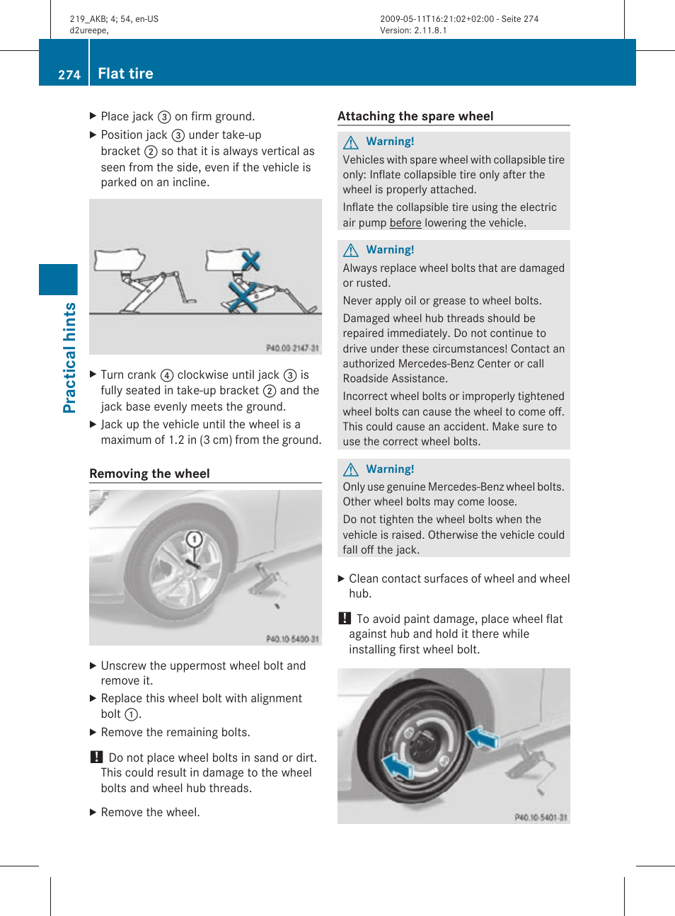 Practical hints, Flat tire | Mercedes-Benz CLS-Class 2010 Owners Manual User Manual | Page 276 / 308