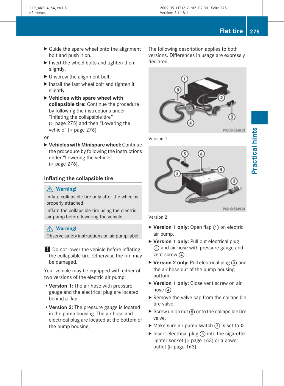 Practical hints, Flat tire | Mercedes-Benz CLS-Class 2010 Owners Manual User Manual | Page 277 / 308