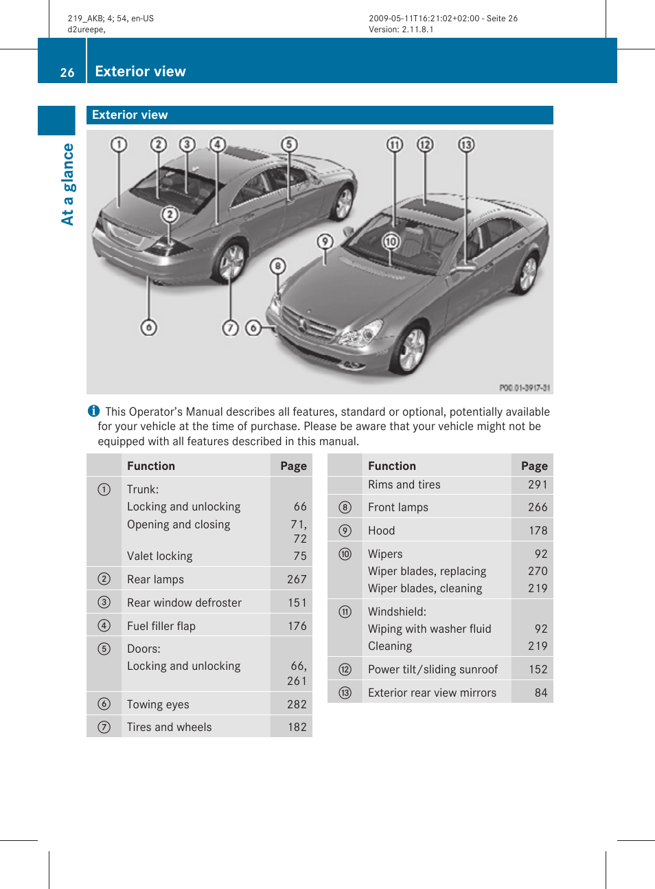 At a glance, Exterior view | Mercedes-Benz CLS-Class 2010 Owners Manual User Manual | Page 28 / 308