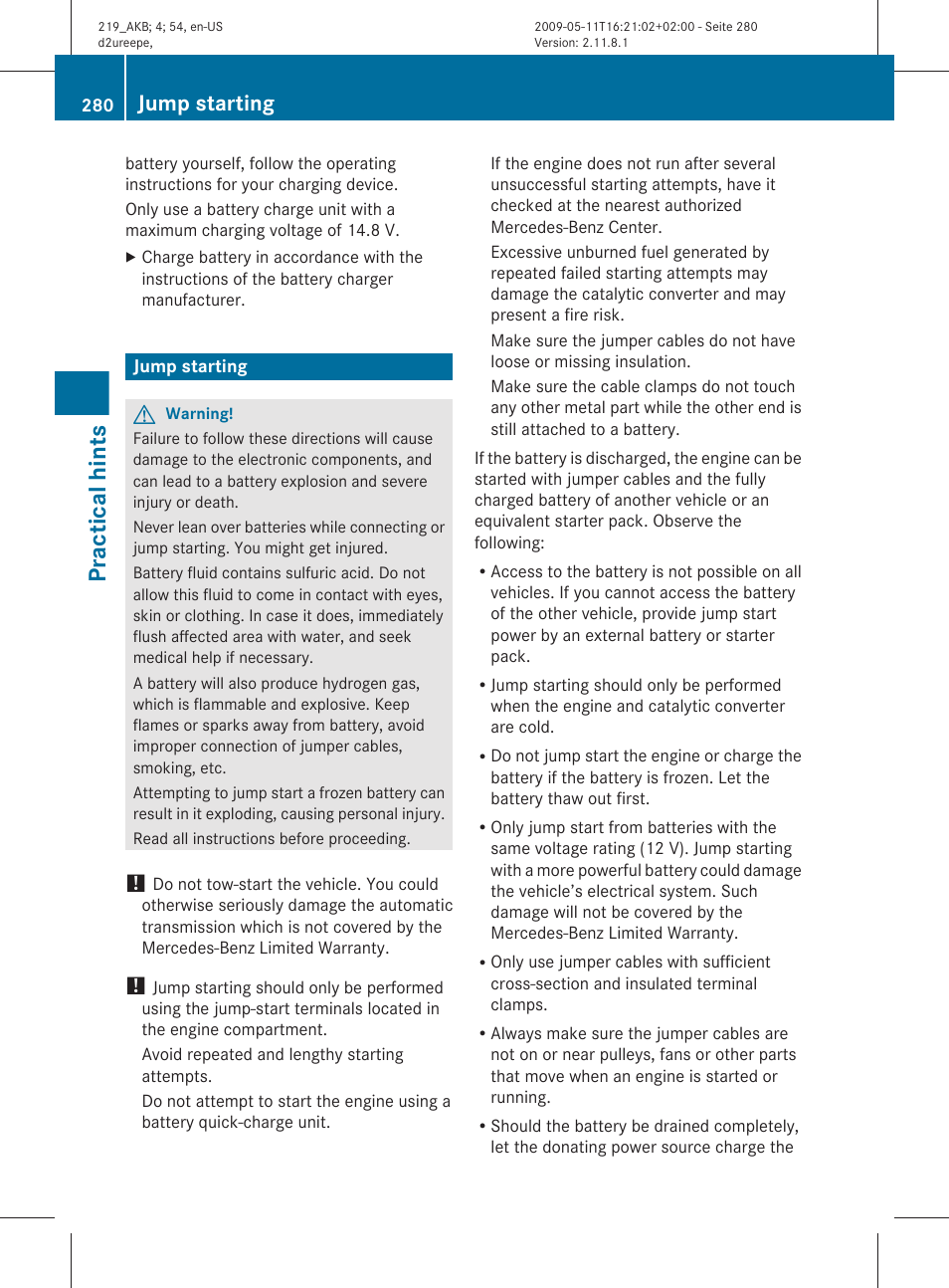 Jump starting, Get a jump start, Practical hints | Mercedes-Benz CLS-Class 2010 Owners Manual User Manual | Page 282 / 308