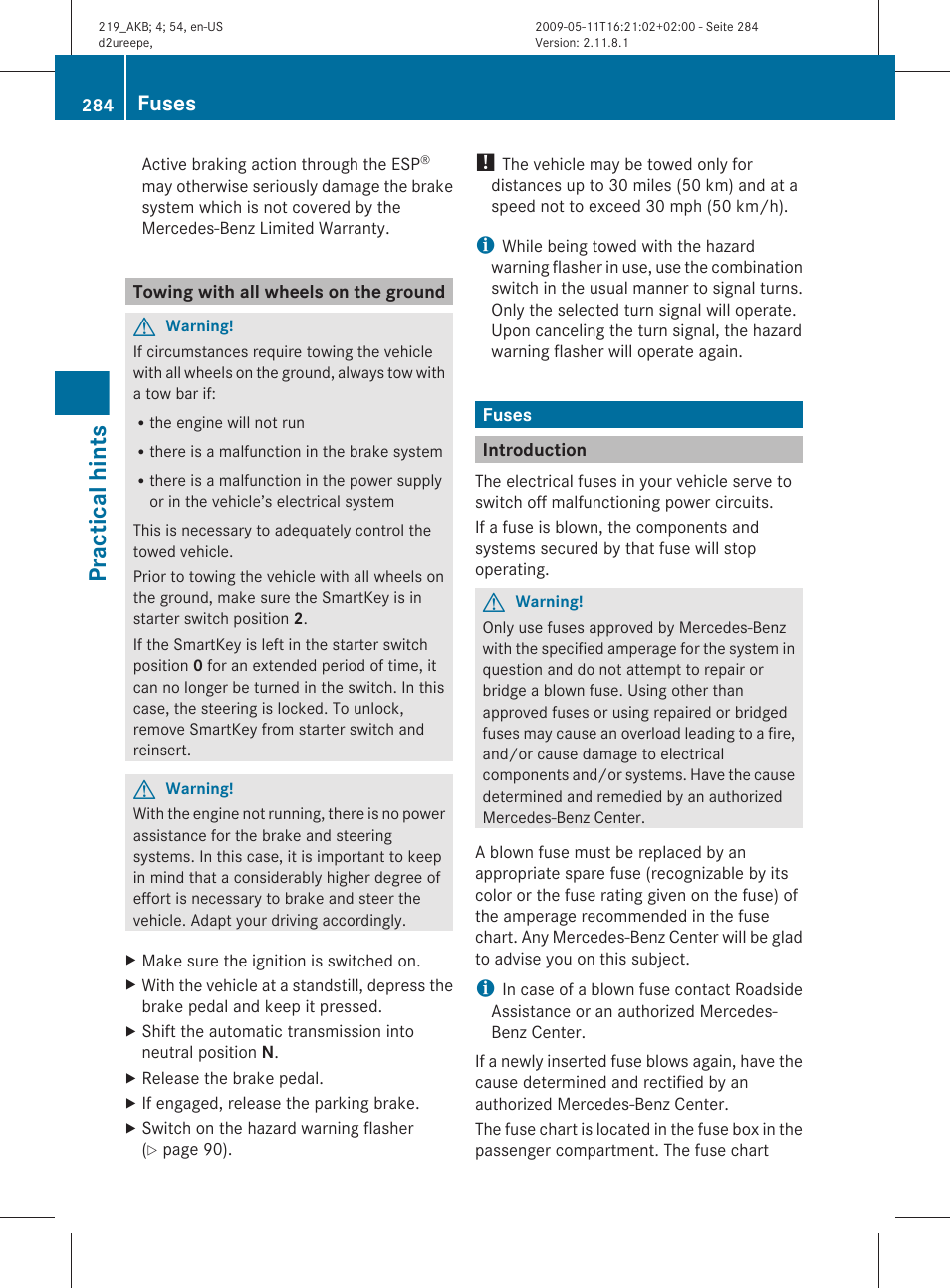 Towing with all wheels on the ground, Fuses, Introduction | From the fuse box, Practical hints | Mercedes-Benz CLS-Class 2010 Owners Manual User Manual | Page 286 / 308