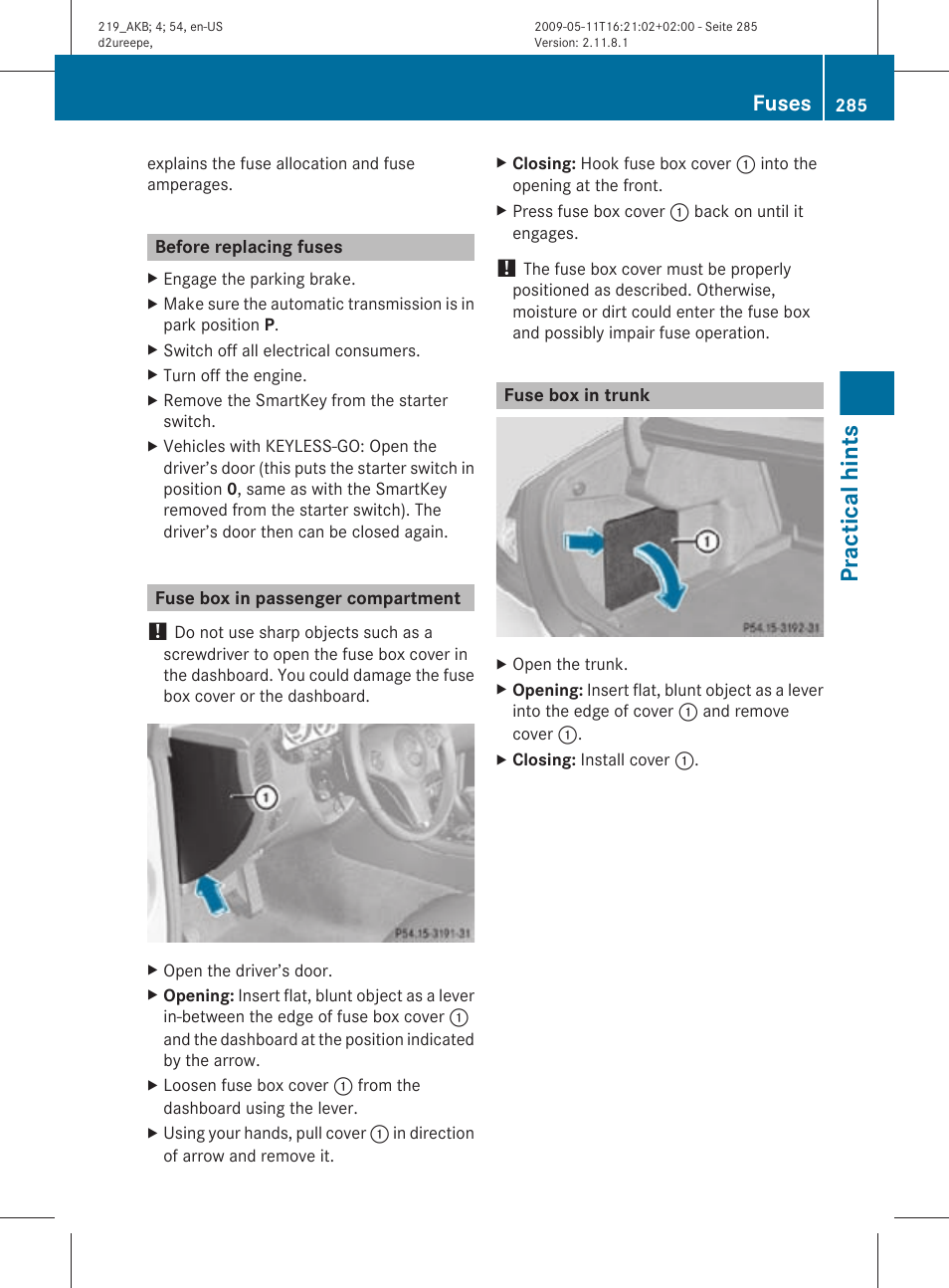 Before replacing fuses, Fuse box in passenger compartment, Fuse box in trunk | Practical hints, Fuses | Mercedes-Benz CLS-Class 2010 Owners Manual User Manual | Page 287 / 308