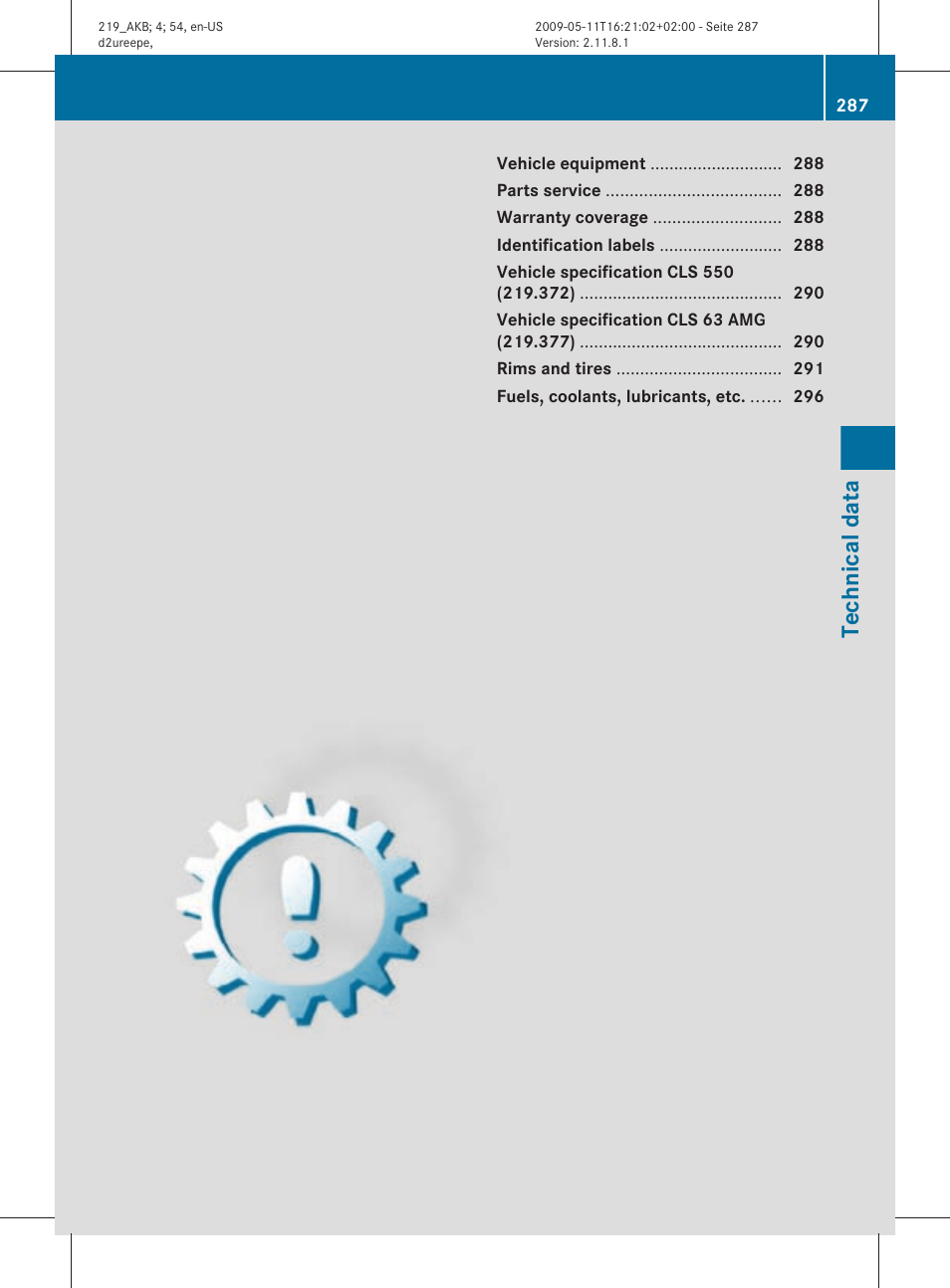Technical data | Mercedes-Benz CLS-Class 2010 Owners Manual User Manual | Page 289 / 308