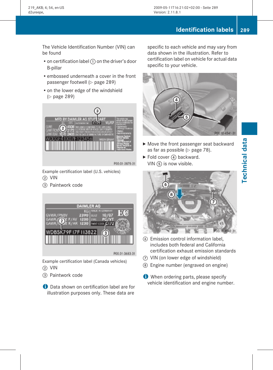 Technical data, Identification labels | Mercedes-Benz CLS-Class 2010 Owners Manual User Manual | Page 291 / 308