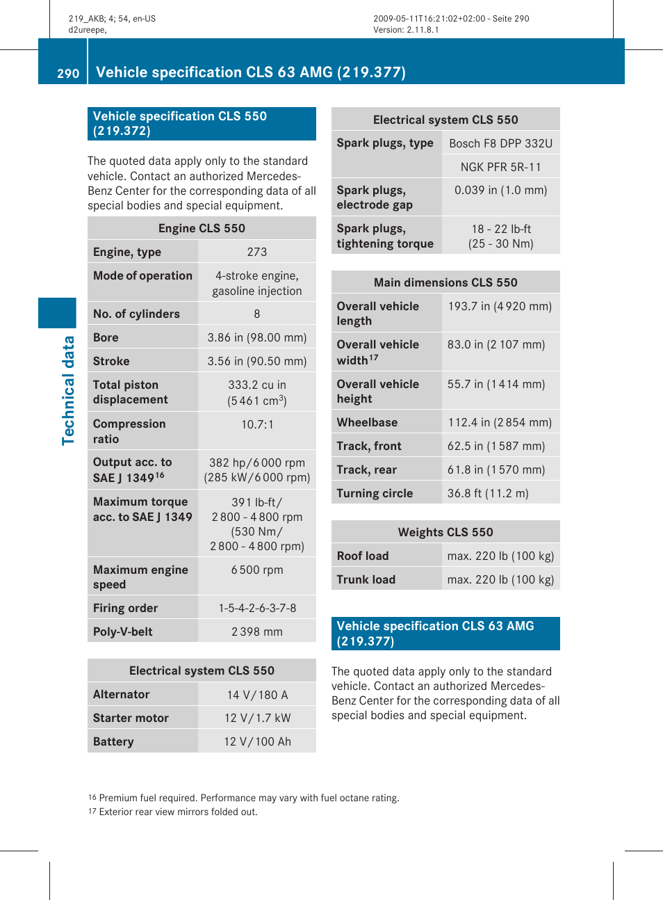Vehicle specification cls 550 (219.372), Vehicle specification cls 63 amg (219.377), Technical data | Mercedes-Benz CLS-Class 2010 Owners Manual User Manual | Page 292 / 308