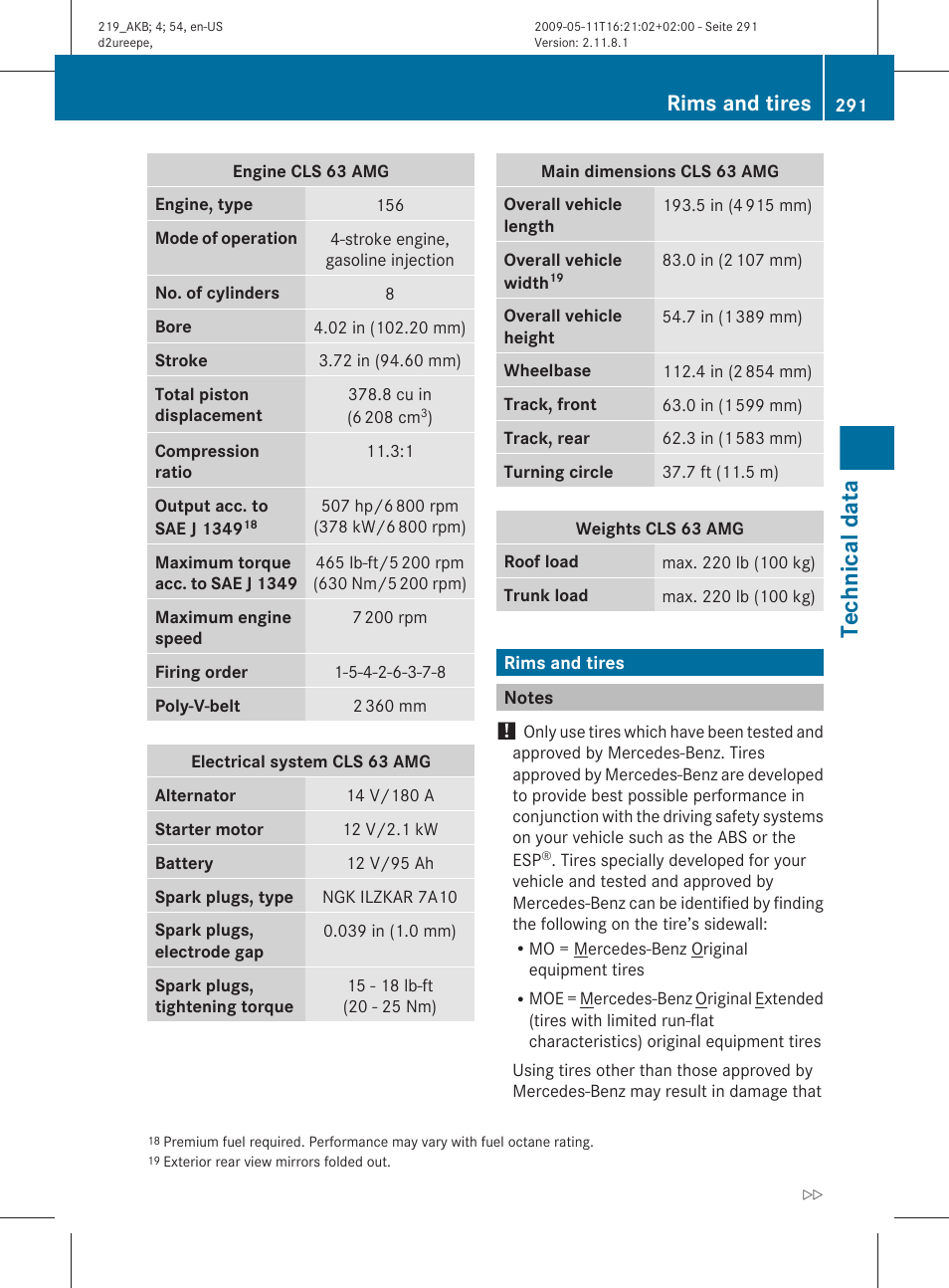 Rims and tires, Notes, The “technical data” section | All wheel/tire combinations, Technical data | Mercedes-Benz CLS-Class 2010 Owners Manual User Manual | Page 293 / 308