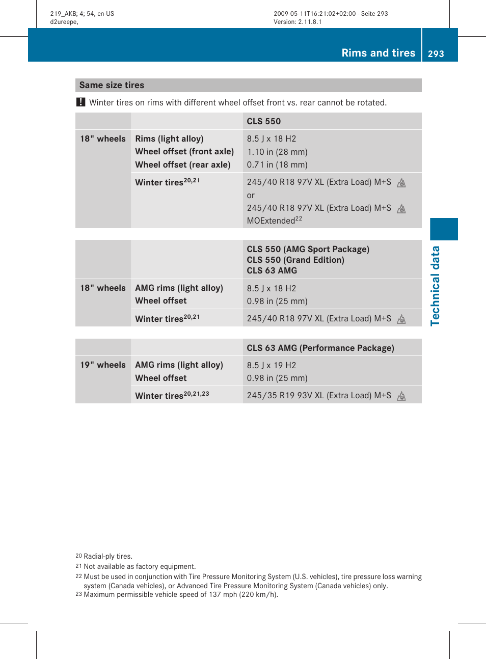 Same size tires, Technical data, Rims and tires | Mercedes-Benz CLS-Class 2010 Owners Manual User Manual | Page 295 / 308